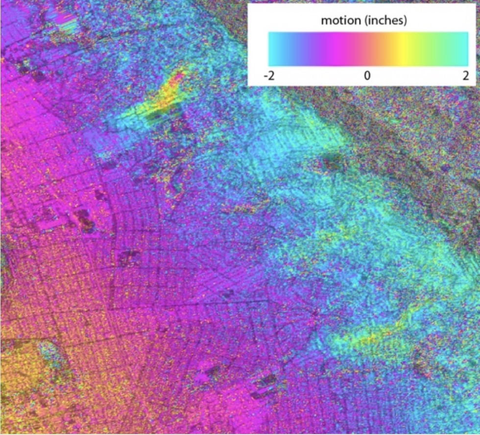 Ground movement of landslides in the Berkeley Hills of California between 2008 and 2010 was captured using Uninhabited Aerial Vehicle Synthetic Aperture Radar (UAVSAR), NASA’s airborne prototype for the NASA-Indian Space Research Organisation SAR (NISAR) mission. In this type of map, called an interferogram, the colors show contours of ground movement.