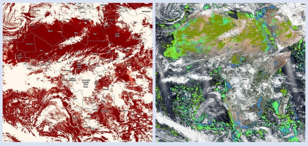 Image showing side-by-side comparison of examples of Cloud Mask and Deep Blue Aerosol product overlain on a Worldview Suomi NPP image of Africa.
