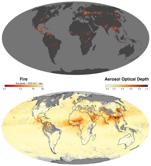 Screenshot showing 2 world maps displaying burning fires and a second map showing average monthly aerosol amounts.
