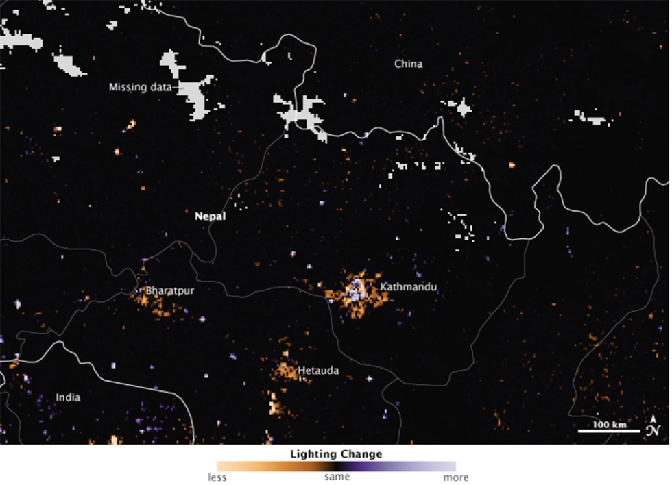 Top image shows a typical night before Hurricane Maria made landfall, based upon cloud-free and low moonlight conditions; the below image is a composite that shows light detected by VIIRS on the nights of September 27 and 28, 2017. The images above show widespread outages around San Juan, including key hospital and transportation infrastructure.