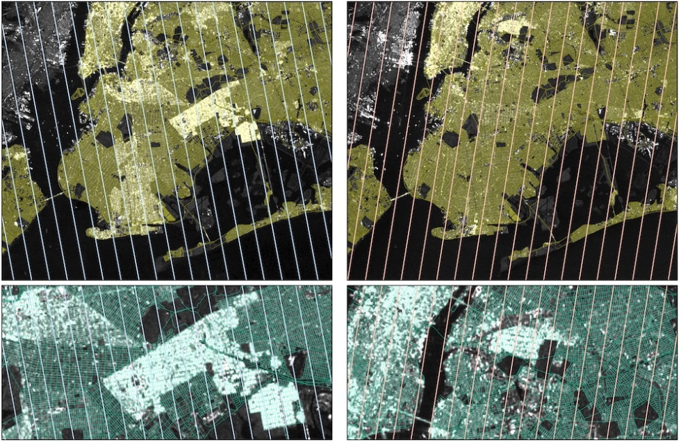 Brooklyn neighborhoods such as Bedford -Stuyvesant with north-south running streets show strong radar return, as the buildings are oriented perpendicular to the imaging radar beam.