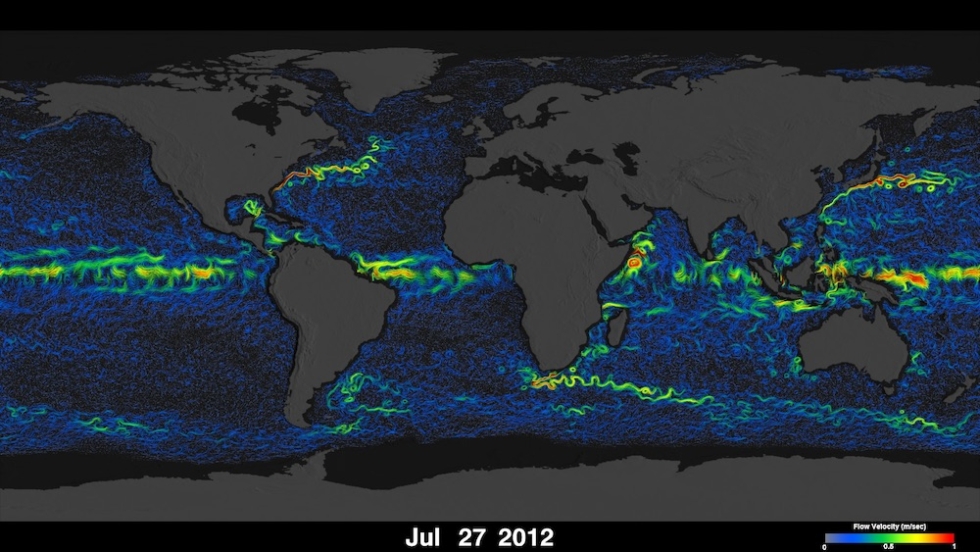 OSCAR ocean flow data colored by velocity (with dates and color bar), from July 27, 2012. Credit NASA Scientific Visualization Studio