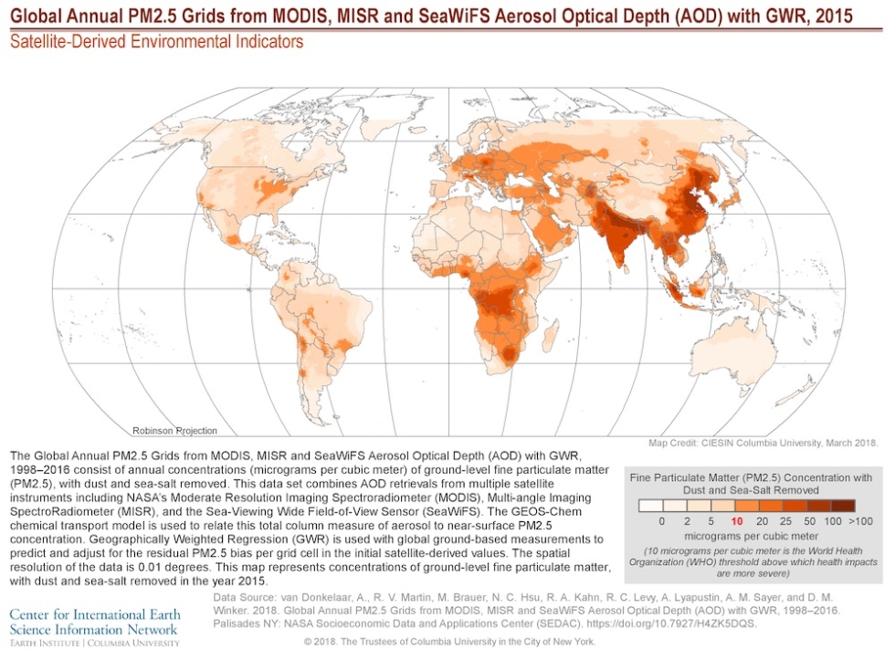 The Global Annual PM2.5 Grids from MODIS, MISR and SeaWiFS Aerosol Optical Depth (AOD) with GWR, 1998–2016 consist of annual concentrations (micrograms per cubic meter) of ground-level fine particulate matter (PM2.5),with dust and sea-salt removed.