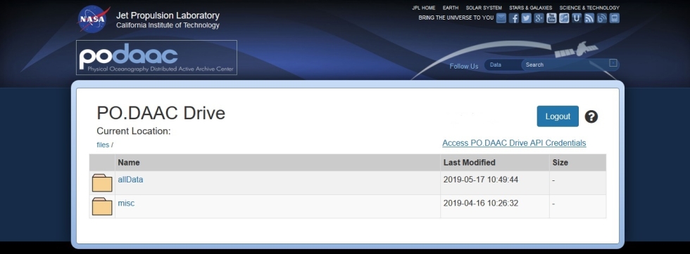 Screenshot of PO.DAAC Drive home page.