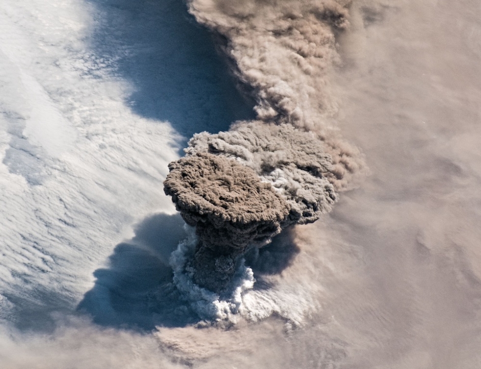 An unexpected series of blasts from a remote volcano in the Kuril Islands sent ash and volcanic gases streaming high over the North Pacific Ocean, June 22, 2019.