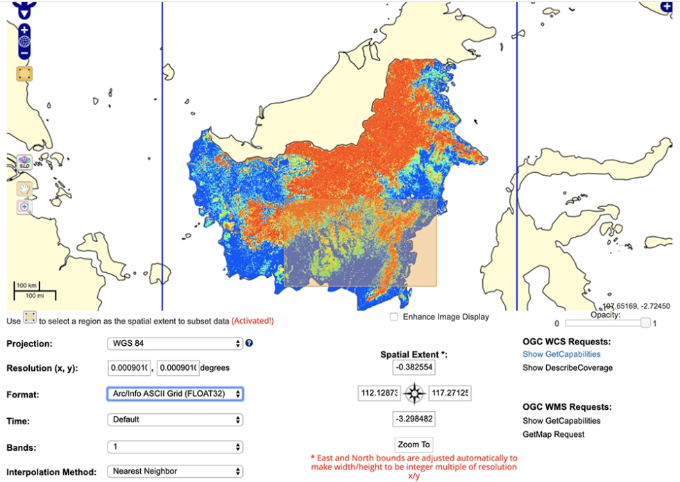 Canopy Height, Kalimantan Forests, Indonesia, 2014 from the Oak Ridge National Laboratory Distributed Active Archive Center Spatial Data Access Tool with various output options.