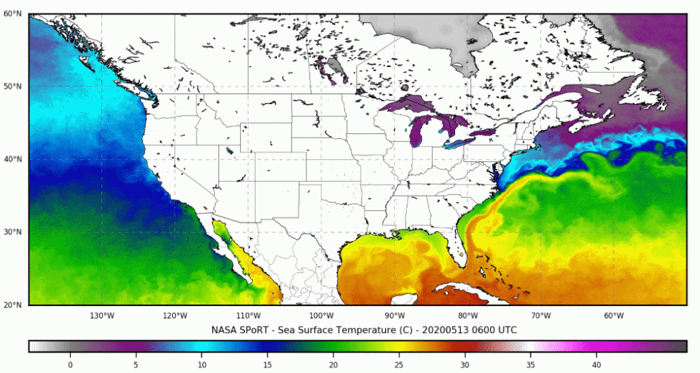 Sea surface temperature map showing waters beginning to warm starting in mid-May through early June, 2020 from NASA SPoRT.