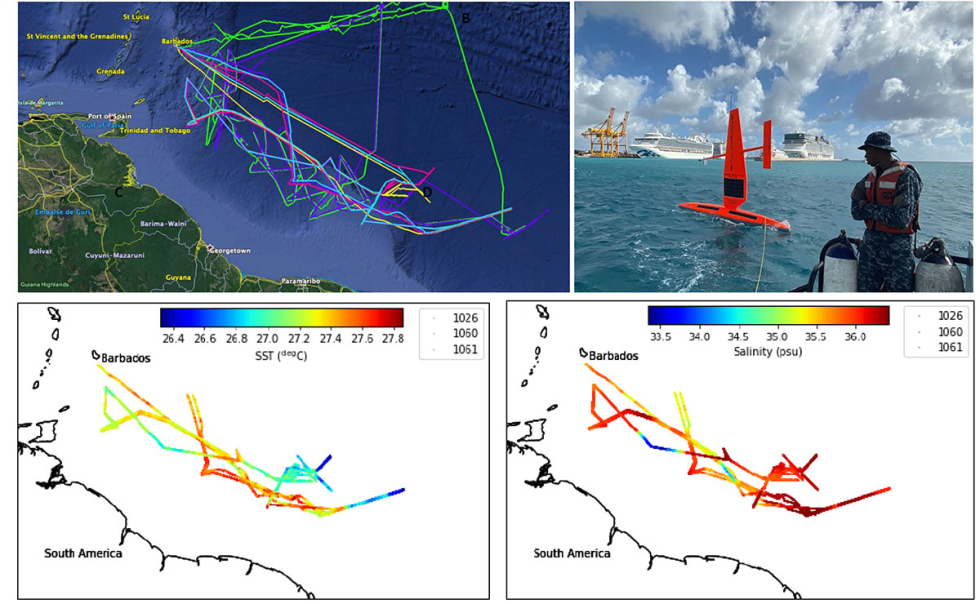 Panel of four images related ATOMIC dataset. Upper left image is a map of the Caribbean with colored lines showing UAV tracks; upper right image shows release of orange Saildrone UAV by researcher on small boat; lower left image shows colored line indicating changes in SST; lower right shows colored lines indicating changes in surface salinity.