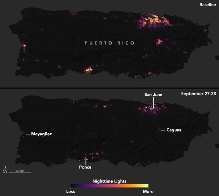 Top image shows a typical night before Hurricane Maria made landfall, based upon cloud-free and low moonlight conditions; the below image is a composite that shows light detected by VIIRS on the nights of September 27 and 28, 2017. The images above show widespread outages around San Juan, including key hospital and transportation infrastructure.