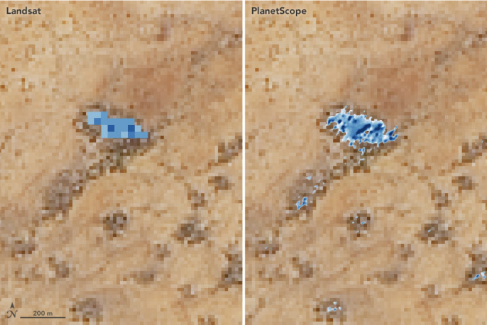 The image shows improved resolution of PlanetScope imagery, compared to Landsat, when identifying small watering holes for herders in Senegal.