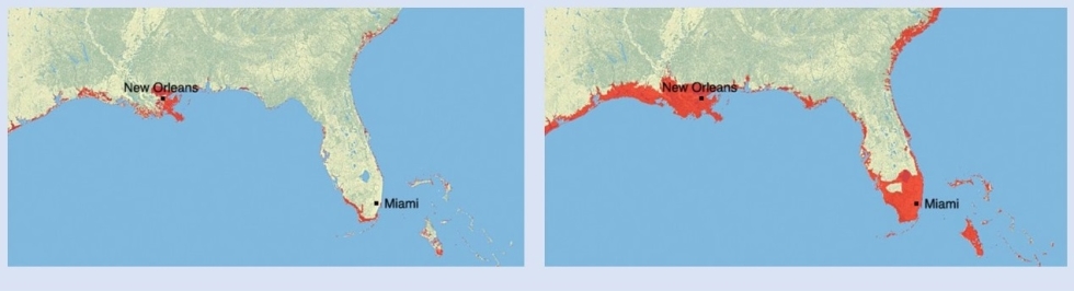 Two images of the U.S. Gulf Coast/Florida showing areas that could be inundated from partial melting of the Greenland ice sheet. Left image shows the effect of a one-meter rise in sea level, with areas around New Orleans and the extreme southern Florida coast being inundated. Right image shows the effect of a six-meter rise in sea level, with all of southern Louisiana (including New Orleans) and all of southern Florida (including Miami) inundated.