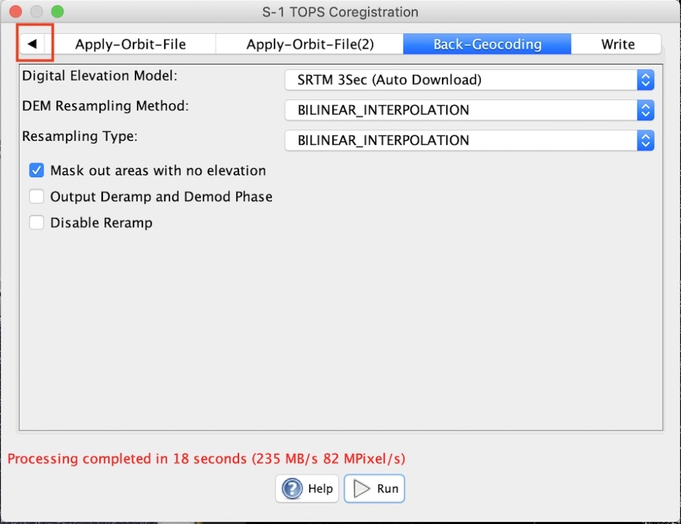 Sentinel-1 Toolbox coregistration process. Note the arrow to the left and right in the coregistration window; it will cycle through the different tabs.