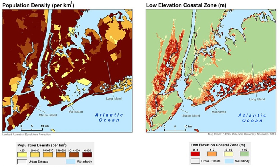 Population density and low elevation coastal zone areas in greater New York City; data from the Urban-Rural Population and Land Area Estimates Version 2. Credit: Socioeconomic Data and Applications Center (SEDAC)