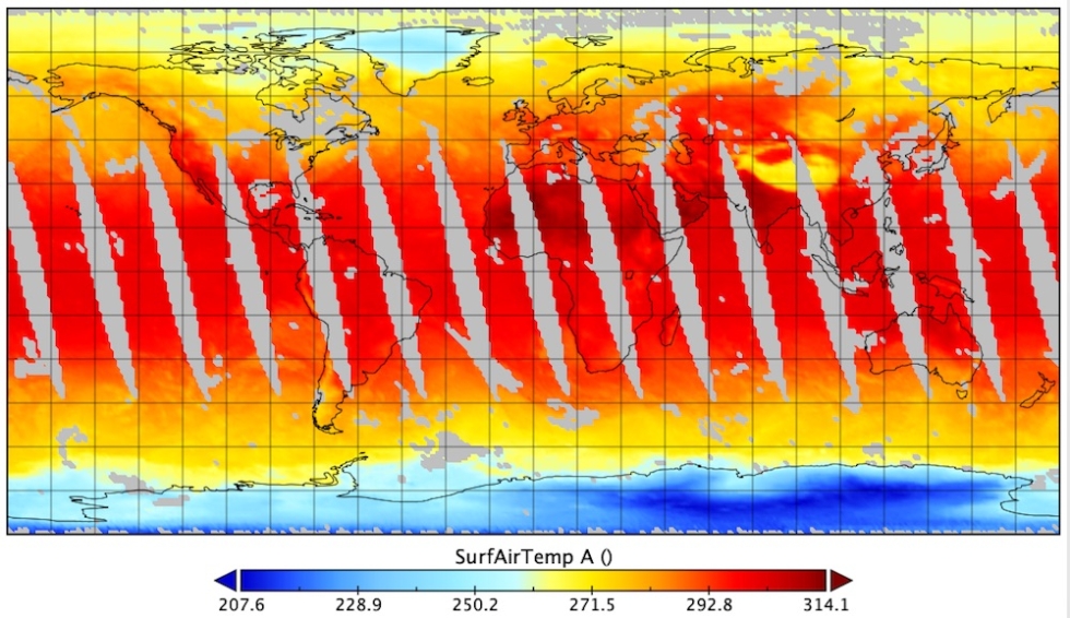 ​Surface air temperature, measured in Kelvin,​ from the Atmospheric Infrared Sounder (AIRS), May 9, 2020, visualized in Panoply.