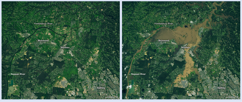 Side-by-side images showing the same area before flooding (left) and after historic flooding (right).