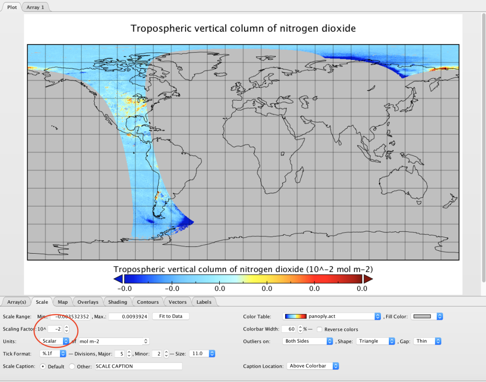 TROPOspheric Monitoring Instrument tropospheric vertical column of nitrogen dioxide data opened in NASA tool, Panoply