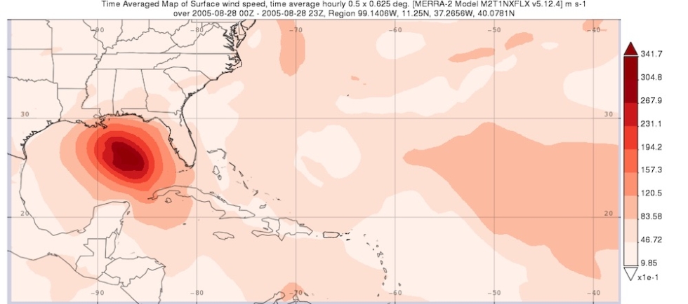 Giovanni time-averaged map of surface wind speed during Hurricane Katrina, which made landfall on August 29, 2005.