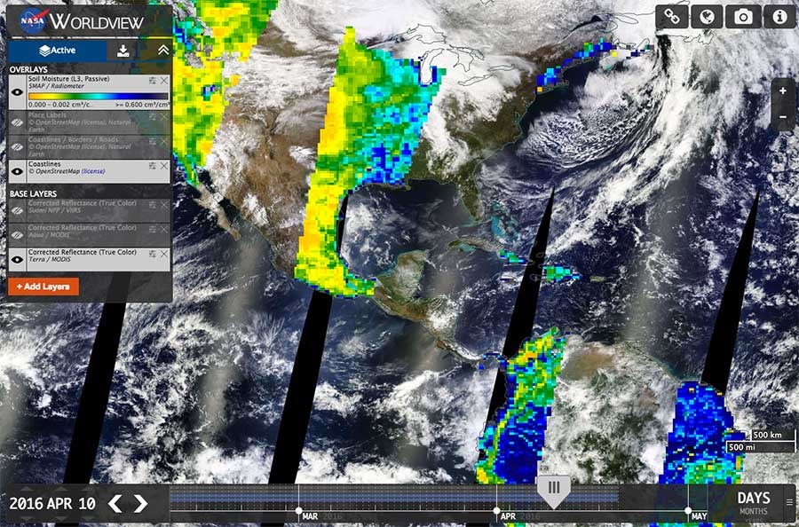 A NASA Worldview image of the SMAP Level 3 Soil Moisture, Passive (L3_SM_P) product from 10 April 2016. Image: NASA Worldview.