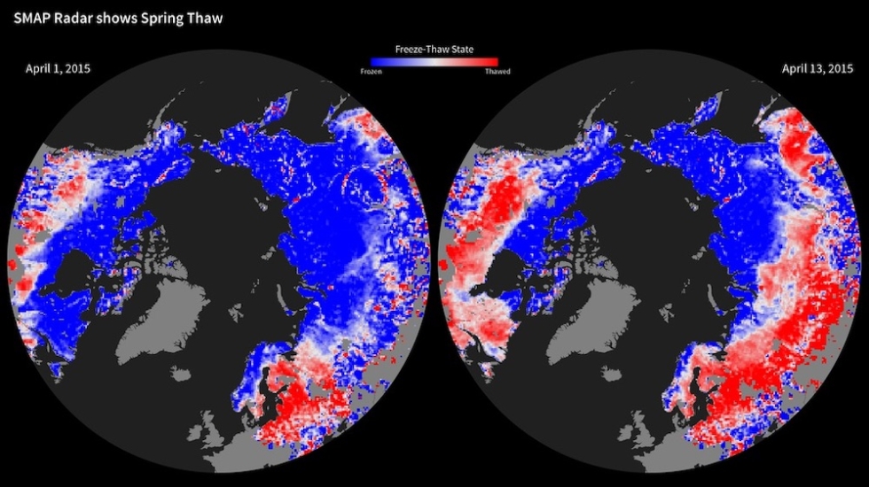 Freeze/Thaw state for two days in April 2015 from the Soil Moisture Active Passive (SMAP) mission.