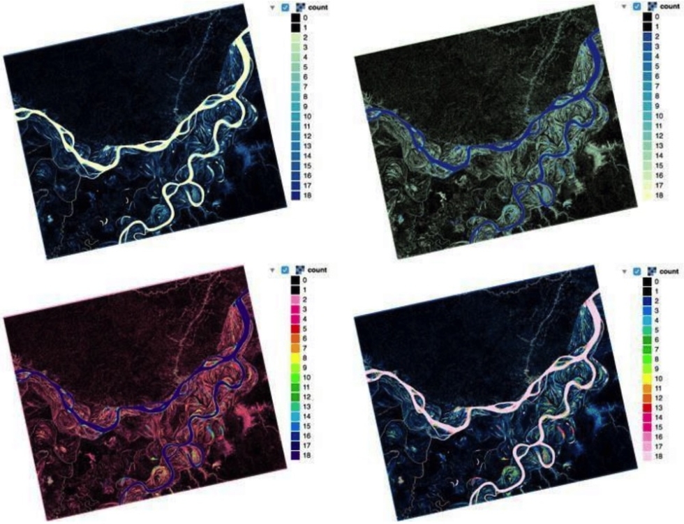 Map of inundation in Amazon rain forest. The color key provides the color for the number of times an area was flooded, and 18 represents constant river. Numbers less than 18 are the number of times an area floods. Credit: Anderson 2017; RTC: ASF 2015; Includes Material © JAXA/METI 2007