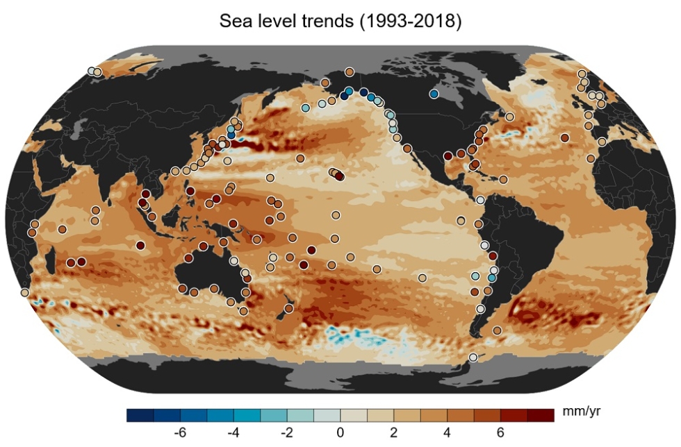 Combined image showing sea level trends as measured by tide gauges and satellite-borne altimeters. Image graphically shows the difference between average global sea level measured by satellites (which is rising) and regional sea level measured by tide gauges (which is rising in most locations, but falling in others).