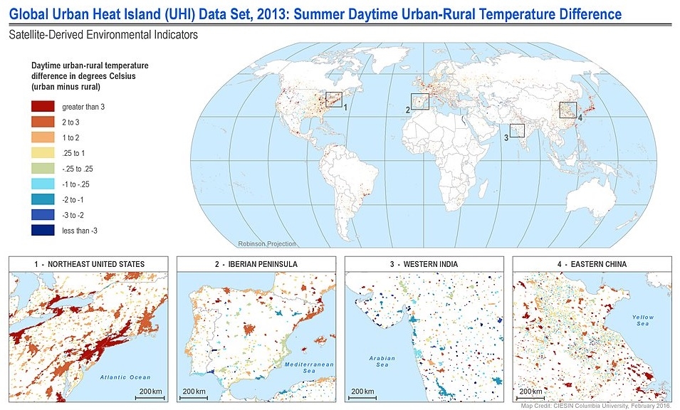 Global urban heat island dataset, from NASA's Socioeconomic Data and Applications Center (SEDAC), estimates the difference between land surface temperatures (LST) in urban areas and surrounding rural areas. LSTs are derived from Aqua MODIS 8-day composite LST data for a 40-day timespan.