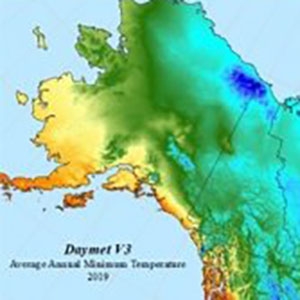 Daymet images showing changes in average annual minimum temperature in Alaska and western Canada 