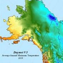 Daymet images showing changes in average annual minimum temperature in Alaska and western Canada 