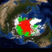 Screenshot of an animation of arctic sea ice from data collected by the SeaWinds scatterometer