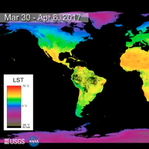 This animation shows changes in global land surface temperature over the course of 2017, using NASA Terra Moderate Resolution Imaging Spectroradiometer (MODIS) data. 