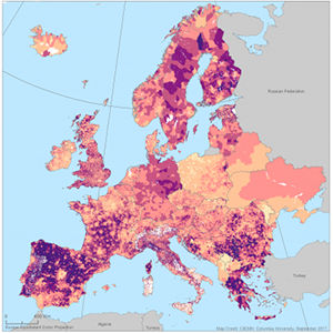 Basic Demographic Characteristics map of Europe showing the elderly (age 65+) as a percent of total population.