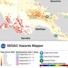 This image of Papua New Guinea shows population densities indicated by brown and yellow shaded areas, with darker colors indicating higher densities.