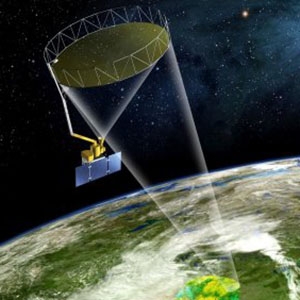 SMAP's rotating golden antenna functions like a satellite dish to focus radio waves from Earth's surface into a collector on the spacecraft