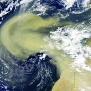 This NASA satellite image shows a dust storm, hundreds of thousands of square miles in size, moving from the Saharan Air Layer over Africa into the eastern Atlantic Ocean. 