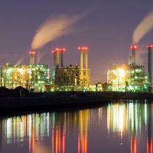 A full moon illuminates this power plant near Seal Beach in Rossmoor, California