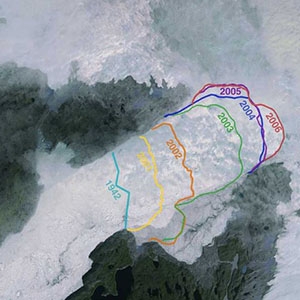 Changes in the calving front of Greenland's Jakobshavn glacier between 1942 and 2006.