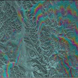 This Synthetic Aperture Radar (SAR) interferogram includes the epicenters of the October 23, 2002, and November 3, 2002 Denali Fault earthquakes, which are located at the extreme western end of the fault rupture.