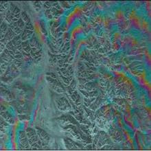 This Synthetic Aperture Radar (SAR) interferogram includes the epicenters of the October 23, 2002, and November 3, 2002 Denali Fault earthquakes, which are located at the extreme western end of the fault rupture.