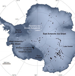 Over 200 subglacial lakes have been discovered underneath the ice of Antarctica, some of which are marked with white and black with dots on this map. 