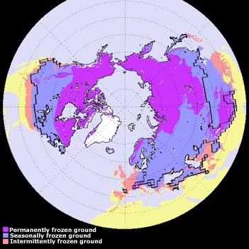 The image above shows the distribution of permafrost and average maximum extent of seasonally and intermittently frozen ground in the Northern Hemisphere.