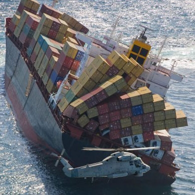 Heavy winds and stormy seas cause the cargo ship Rena to run aground on October 5, 2011, spilling its cargo and eventually sinking.