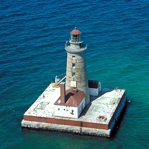 This aerial view shows Spectacle Reef Light on the northwest side of Lake Huron, 11 miles east of Bois Blanc Island. (Courtesy US Coast Guard)