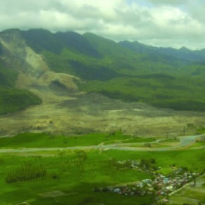 This aerial view shows the landslide that destroyed the town of Guinsaugon on February 17, 2006.