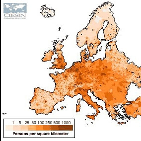 This map shows the population density in Europe in 1995. (Image courtesy of the Socioeconomic Data and Applications Center).