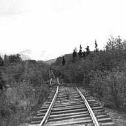 The abandoned Copper River and Northwestern Railway near Strelna in south-central Alaska illustrates how building a railroad on permafrost thaw can cause the railroad bed to settle unevenly. 