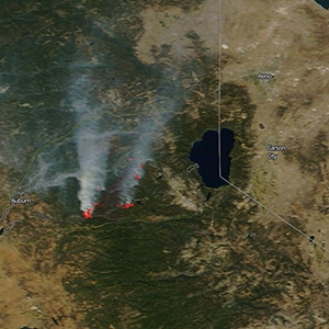 LANCE, GIBS, and Worldview enable events like wildfires to be observed in near real-time, such as this image of California’s King Fire from September 24, 2014. 