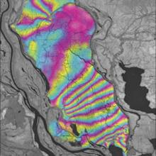 This InSAR image captures the dynamic water-level changes over the Atchafalaya Basin in southeastern Louisiana from May 22 to June 15, 2003.