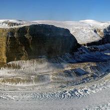 This view along Steensby Glacier in northern Greenland was seen during an Operation IceBridge survey flight on April 26, 2013.