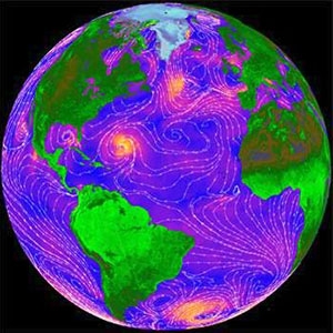 In this QuikSCAT image, ocean colors indicate wind speed (blue is low, yellow is high), and white streamlines indicate wind direction.
