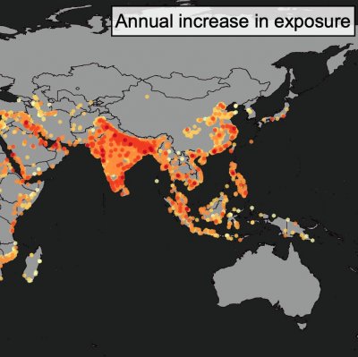 Map of Asia showing areas of high heat exposure indicated in red/orange.